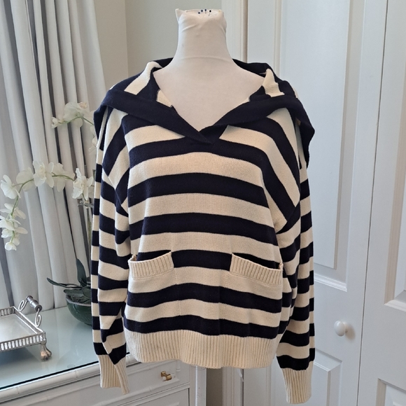 Zara Sweaters - Zara Womens‎ Navy/Cream Striped Cotton Tunic Pullover Sweater Pockets SM
